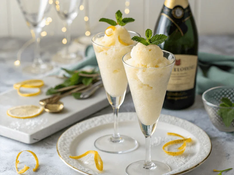 Champagner-Sorbet serviert in eleganten Gläsern, dekoriert mit Zitronenzesten und Minzblättern – luxuriöses Rezept Ninja Creami.