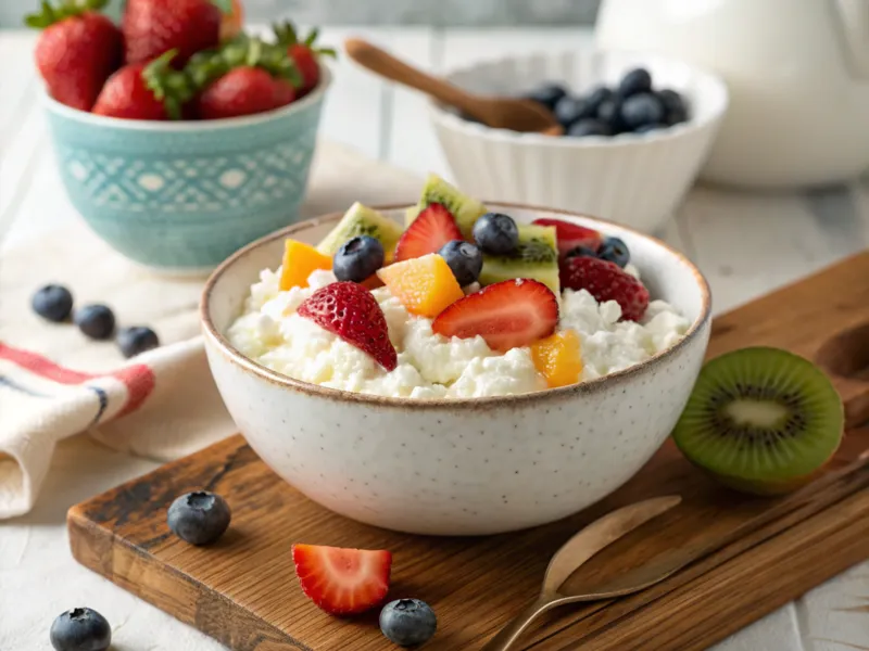 Cottage Cheese Bowl mit Banane, gehackten Walnüssen und einer Prise Zimt, ideal als süßer Eiweiß-Snack.