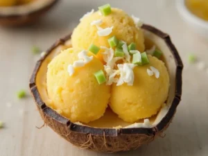 Veganes Eis aus Mango und Kokosmilch, verfeinert mit Limettenzesten und Kokosraspeln – eine erfrischende Wahl aus den Ninja Creami Rezepte.