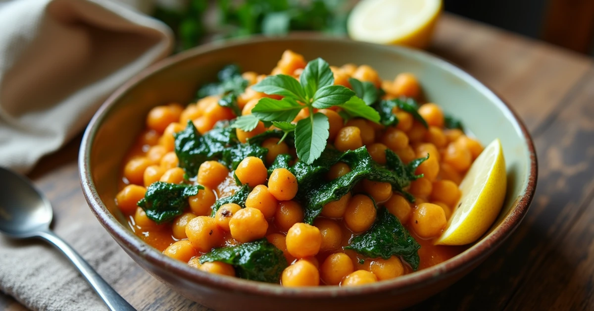 Schnelles veganes Gericht: Curry mit Kichererbsen und Spinat, in einer rustikalen Schale serviert.