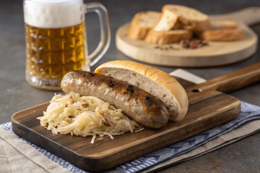 ränkische Bratwurst auf einem Holzbrett, serviert mit Sauerkraut und einem Bierkrug.