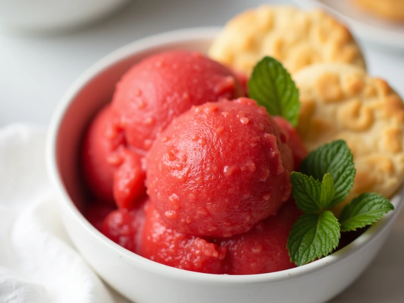 Leichtes Erdbeer-Sorbet, serviert mit frischen Minzblättern und knusprigen Butterkeksen – ein sommerliches Highlight der Ninja Creami Rezepte.