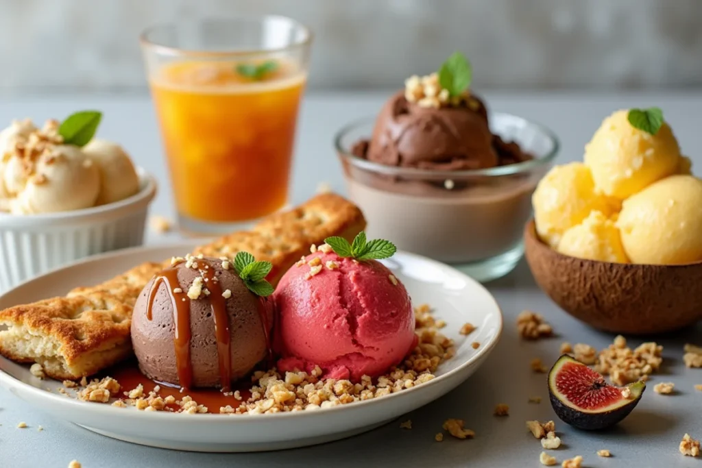 Elegante Dessertplatte mit fünf Ninja Creami Rezepten: Vanilleeis mit Apfelkuchen, Schokoladeneis mit Karamell und Nüssen, Erdbeer-Sorbet mit Minze, Frozen Yogurt mit Feigen und Mango-Kokos-Eis mit Limette.