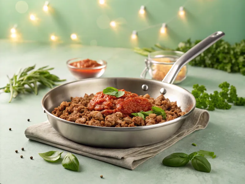 Bräunendes Hackfleisch für Bolognese in einer Pfanne mit Tomatenmark und frischen grünen Akzenten – die perfekte Anbrattechnik.