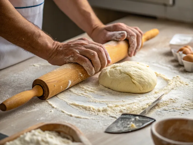 Hände kneten Dinkelteig auf einer bemehlten Arbeitsfläche mit Teigschaber und Nudelholz im Hintergrund - dinkelbrot rezept mit hefe