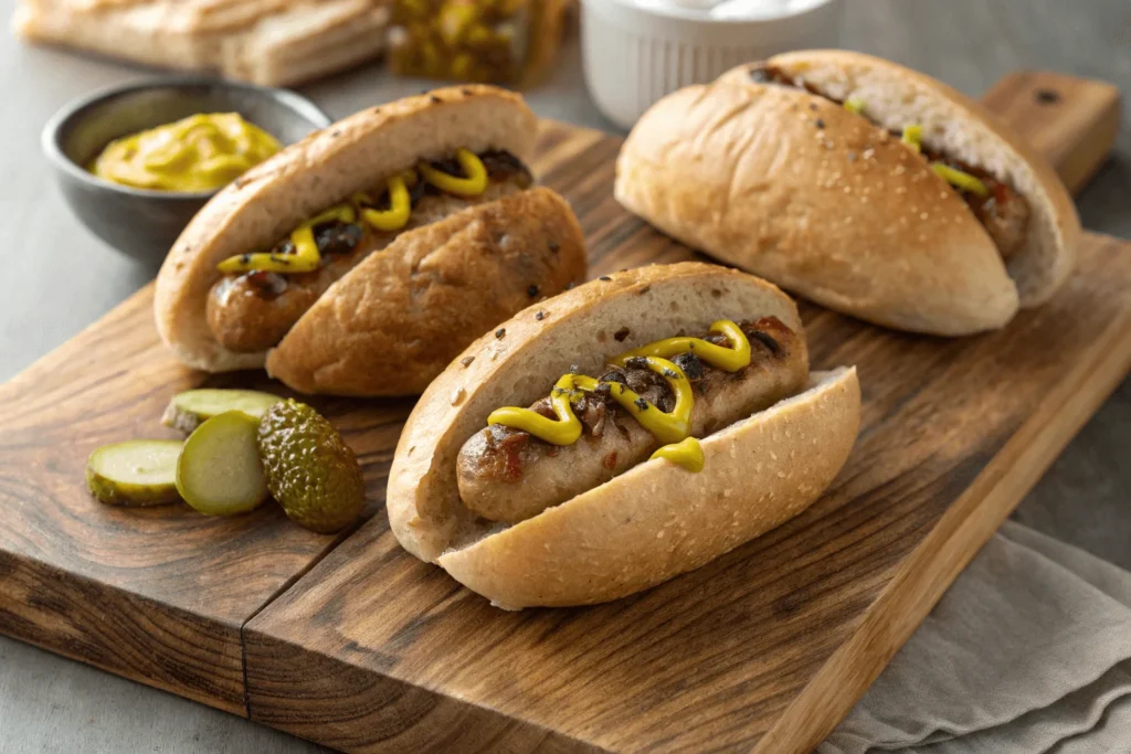 Zwei kleine Nürnberger Bratwürste in einem frisch gebackenen Brötchen, garniert mit süßem Senf und frischen Kräutern.