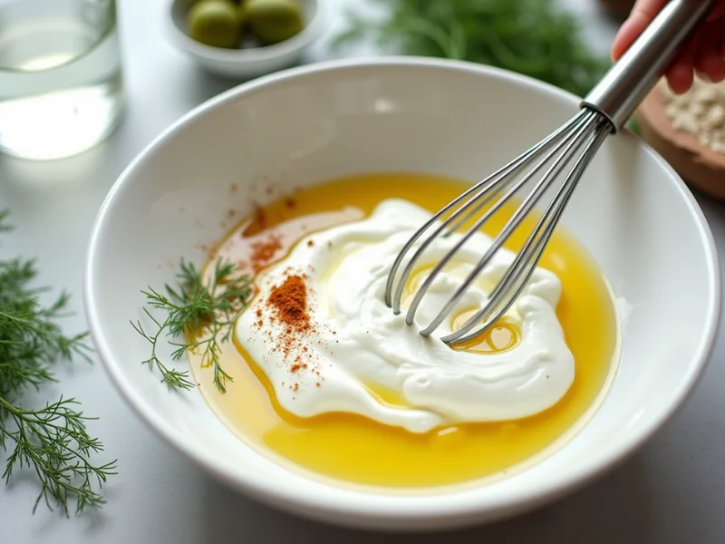 Joghurt, Olivenöl und Essig vermischen, um das Dressing für Gurkensalat zuzubereiten.