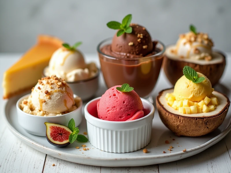 Fünf kreative Ninja Creami Desserts auf einer Dessertplatte: Klassisches Vanilleeis, deluxe Schokoladeneis, fruchtiges Erdbeer-Sorbet, Frozen Yogurt und exotisches Mango-Kokos-Eis.