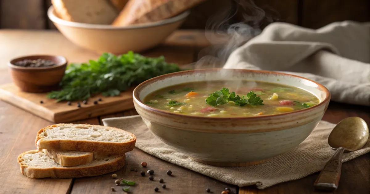 Dampfende Schüssel Erbsensuppe in einer rustikalen Keramikschale mit Brotscheiben auf einem Holztisch