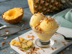 Erfrischendes Piña Colada Sorbet mit Ananasstücken und gerösteten Kokosflocken, serviert in einem transparenten Dessertglas