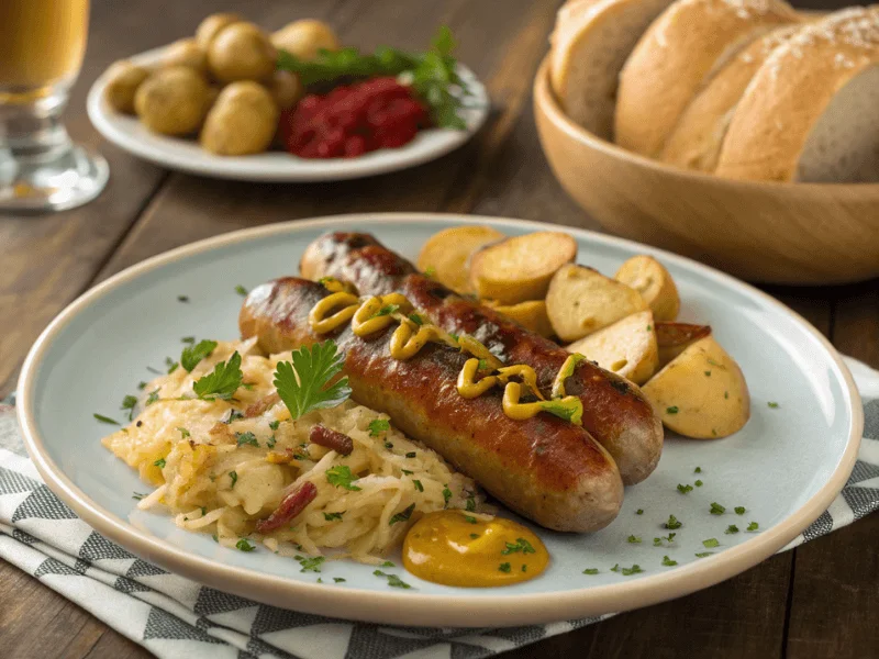 Thüringer Bratwurst auf einem Teller, garniert mit Sauerkraut, Petersilie und Kartoffeln, begleitet von Brot und Senf.