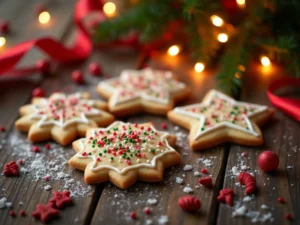 Fertig dekorierte Weihnachtsplätzchen mit festlichem Zuckerguss und bunten Streuseln, perfekt für die Feiertage