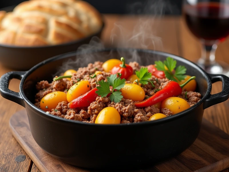 Ein fertig angerichteter Bauerntopf in einer rustikalen schwarzen Schüssel, gefüllt mit goldenen Kartoffeln, Hackfleisch, Paprika und Zwiebeln, garniert mit frischer Petersilie. Serviert auf einem Holztisch mit einem Stück knusprigem Bauernbrot und einem Löffel als Beilage, perfekt präsentiert für ein gemütliches Abendessen.