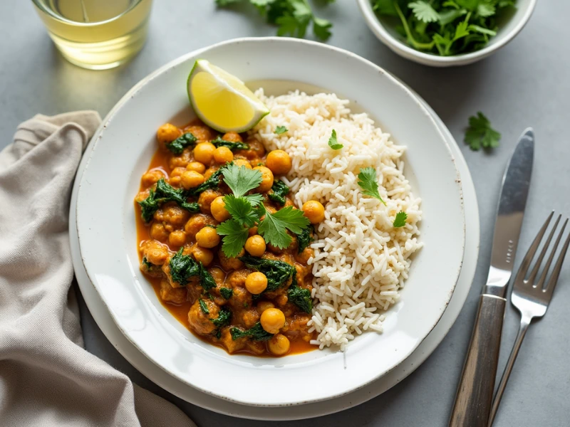 Fertiges schnelles veganes Gericht: Curry mit Spinat und Basmatireis.