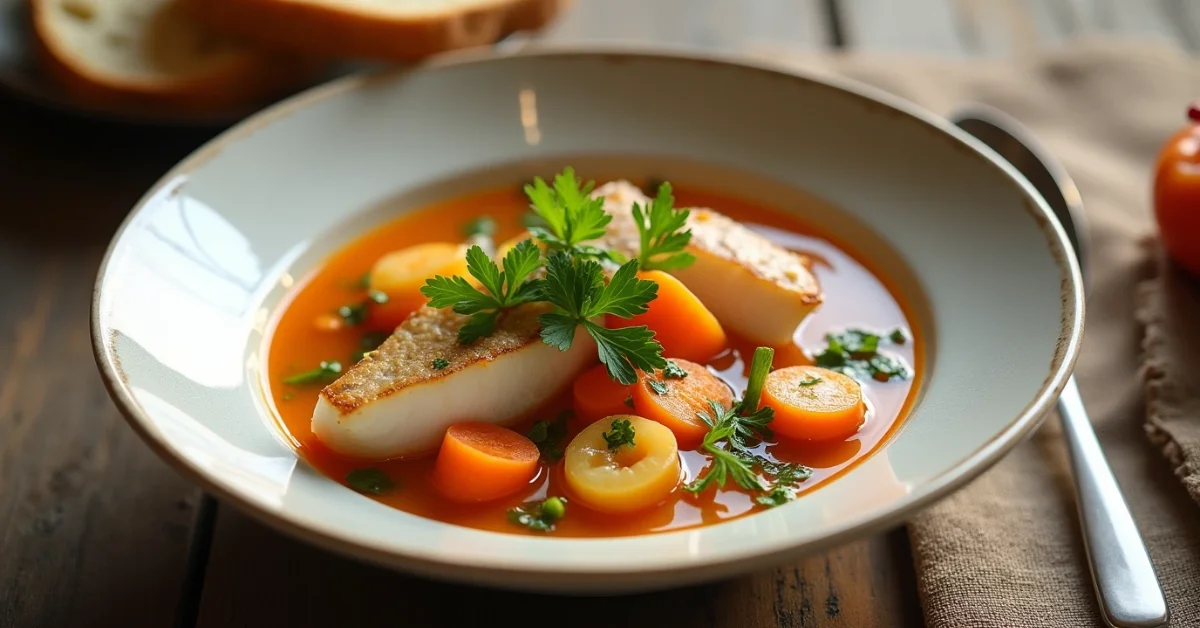 Eine Schüssel frisch zubereitete Fischsuppe mit Fischstücken, Gemüse und frischen Kräutern, serviert mit knusprigem Brot auf einem rustikalen Tisch.