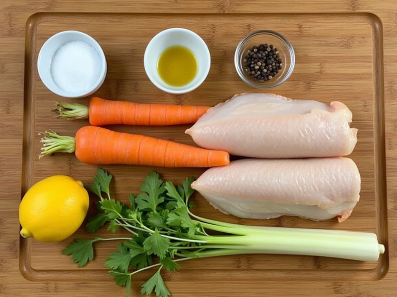 Zutaten für Fischsuppe, darunter Fischfilets, Karotten, Sellerie, Lauch, Lorbeerblätter und eine Zitrone, auf einem Holzbrett angeordnet.