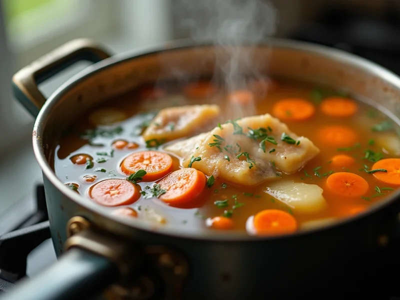 Ein Topf mit Fischsuppe, der auf dem Herd köchelt, mit sichtbaren Fischstücken, Gemüse und Kräutern.