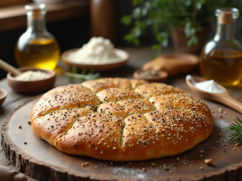 Fladenbrot Rezept – Zutaten für den Teig mischen: Mehl, Hefe und Olivenöl für ein fluffiges Fladenbrot.