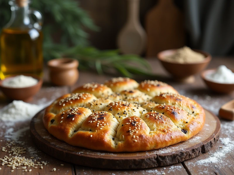 Fladenbrot Rezept – Frisch gebackenes Fladenbrot auf einem Holzbrett mit Dips serviert.