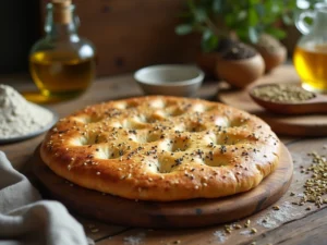 Fladenbrot Rezept – Der Teig wird zu einer runden Form ausgerollt und für das Backen vorbereitet.