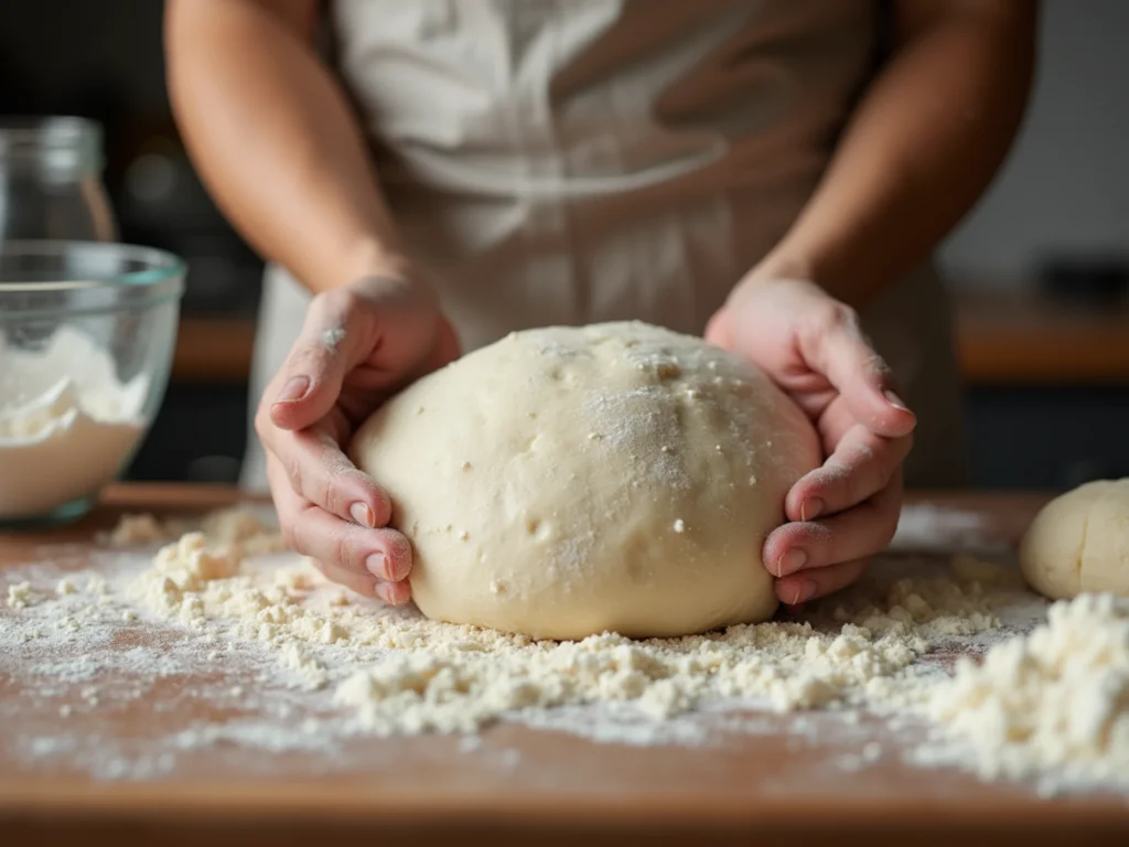 Hände, die Fladenbrot-Teig mit Mehl, Wasser und Hefe auf einer Holzarbeitsfläche mischen