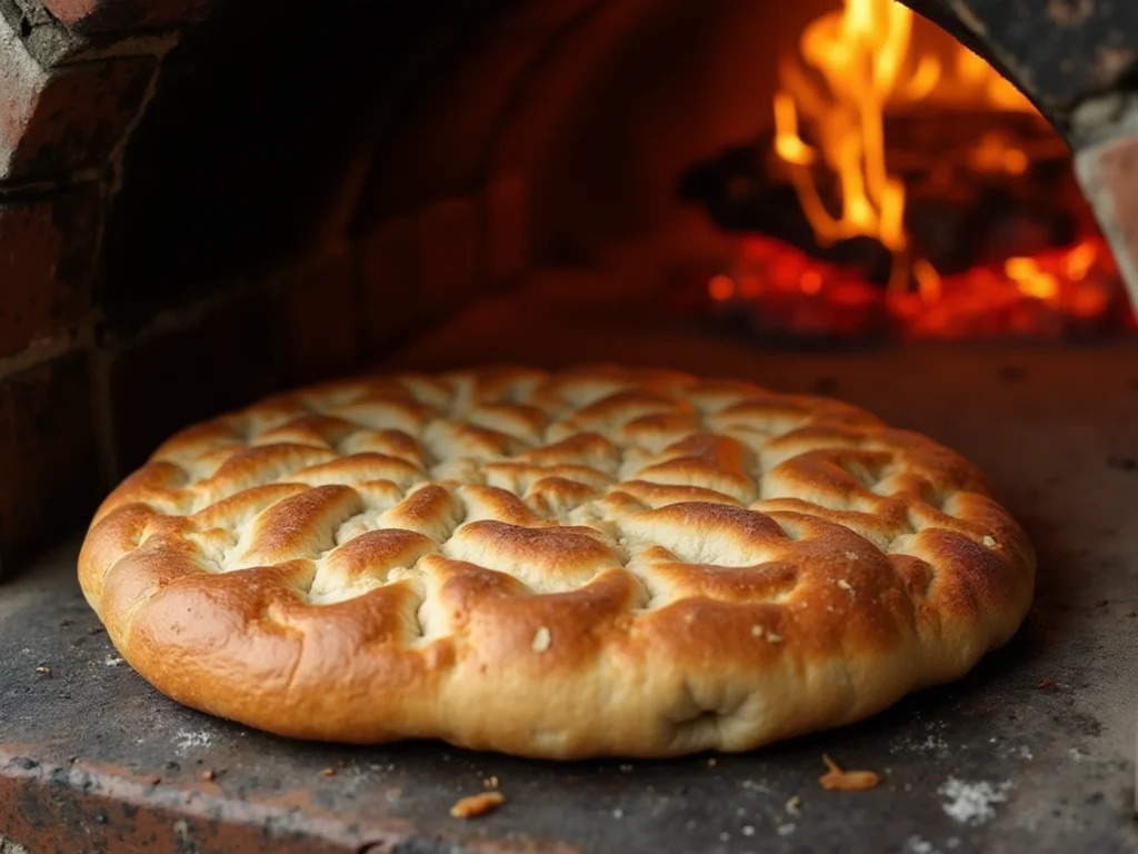 Fladenbrot wird in einem traditionellen Steinofen gebacken, geht auf und wird goldbraun mit knusprigen Rändern.