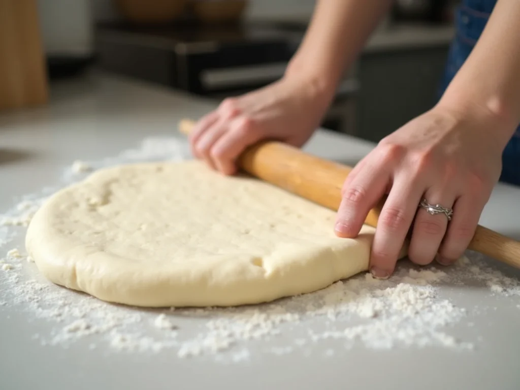 Fladenbrot-Teig wird mit einem Nudelholz zu einem runden, flachen Kreis auf einer bemehlten Fläche ausgerollt.