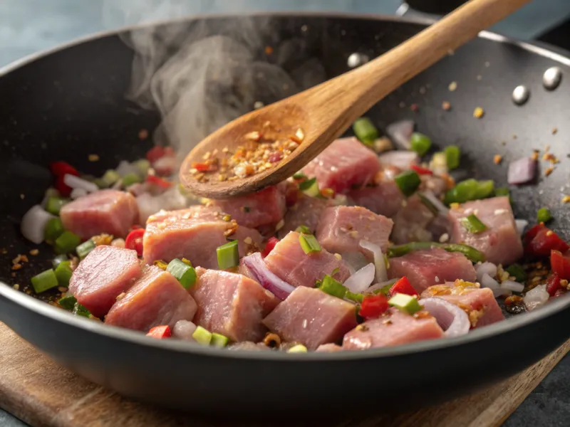 Schweinefleischwürfel werden mit Zwiebeln und Gewürzen in einer Pfanne angebraten