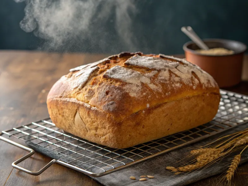 dinkelbrot rezepte - Frisch gebackenes Dinkelbrot kühlt auf einem Gitter ab, mit goldbrauner Kruste und leichtem Dampf