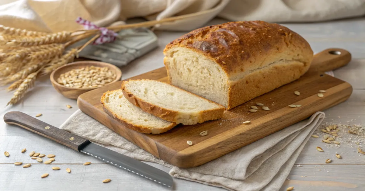 Frisch gebackenes Dinkelbrot mit goldbrauner Kruste und lockerer Krume auf einem Holzbrett - dinkelbrot rezept einfach