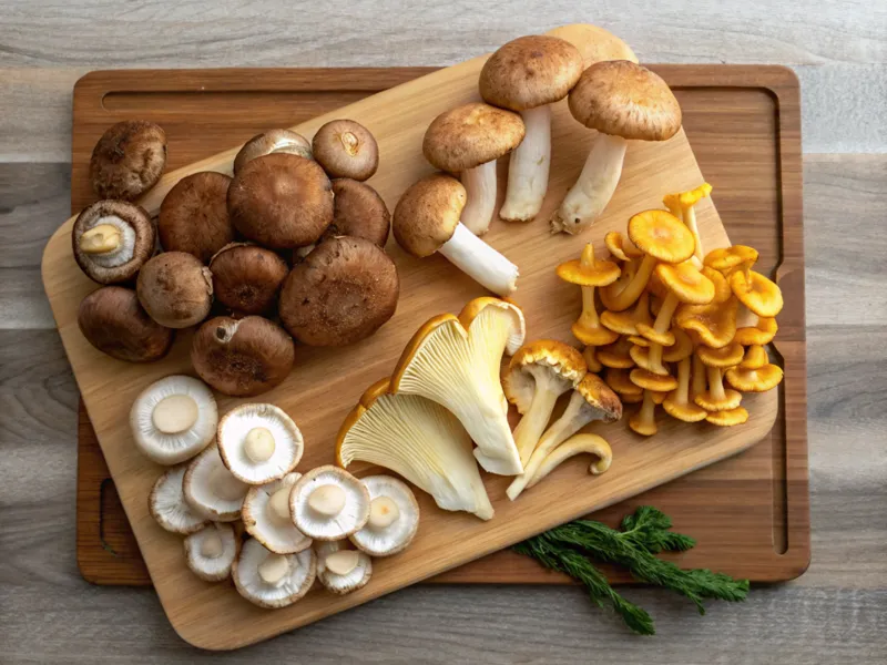 Frische Pilzsorten auf einem Holzbrett: Champignons, Shiitake, Austernpilze und Pfifferlinge, perfekt für ein Pilzpfanne Rezept