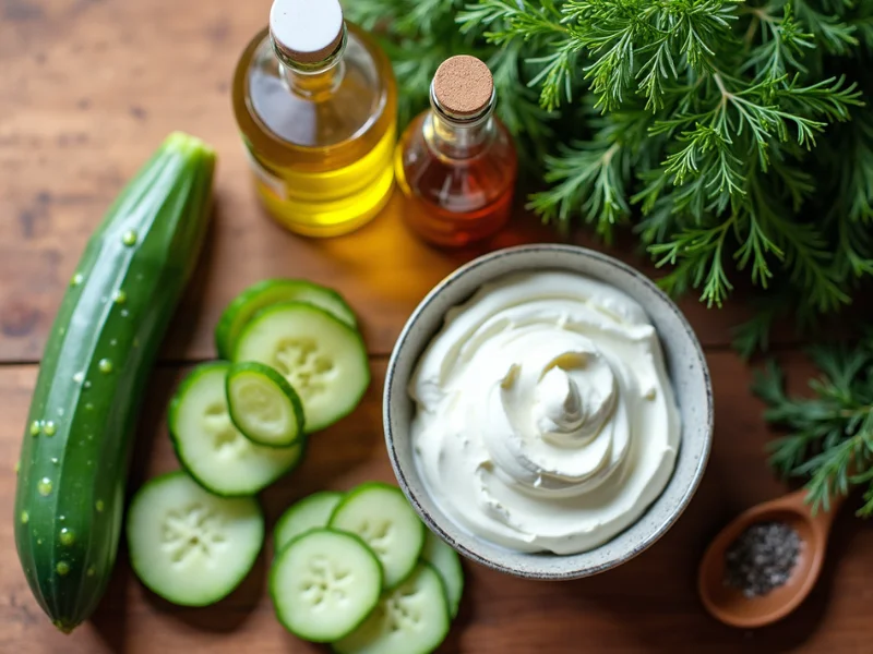 Frische Zutaten für Gurkensalat: geschnittene Gurken, griechischer Joghurt, Apfelessig, Olivenöl, Dill und Gewürze