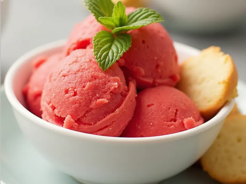 Fruchtiges Erdbeer-Sorbet, garniert mit Minzblättern und Butterkeksen – erfrischendes Rezept aus den Ninja Creami Rezepte.