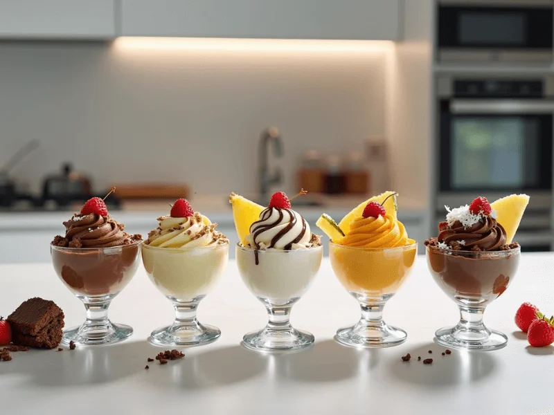 Fünf köstliche Ninja Creami Deluxe Kreationen: Nutella-Protein-Eis, Piña Colada Sorbet, Vanille-Eis, Joghurt-Beeren-Eis und Schokoladen-Brownie-Eis, alle serviert mit frischen Toppings.