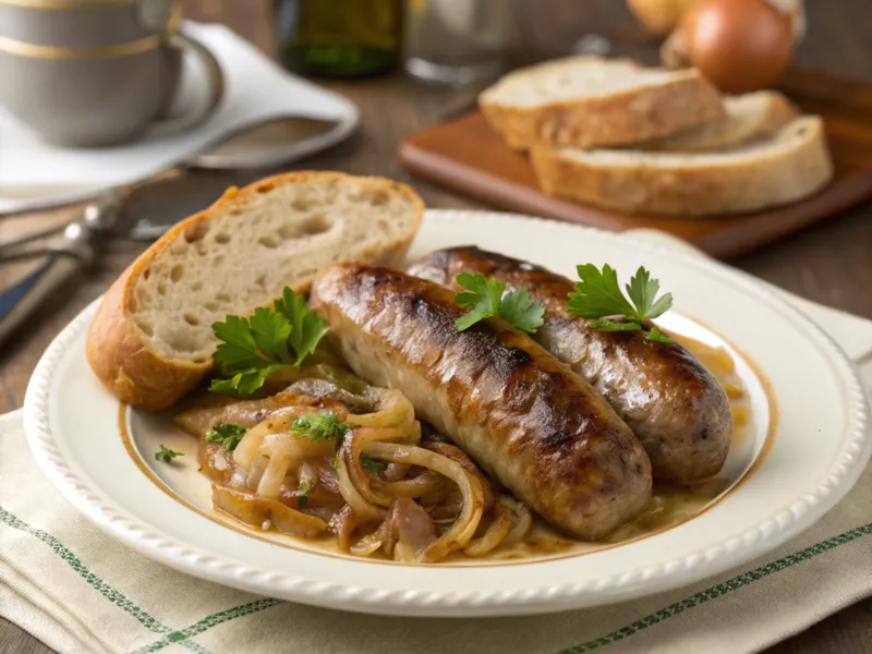 Traditionelle gebratene Bratwurst mit karamellisierten Zwiebeln, serviert mit rustikalem Brot.