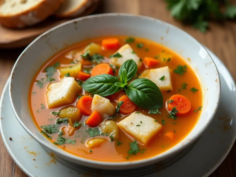 Eine warme Schüssel Fischsuppe mit frischen Kräutern, Fischfilets und Gemüse, serviert auf einem rustikalen Holztisch