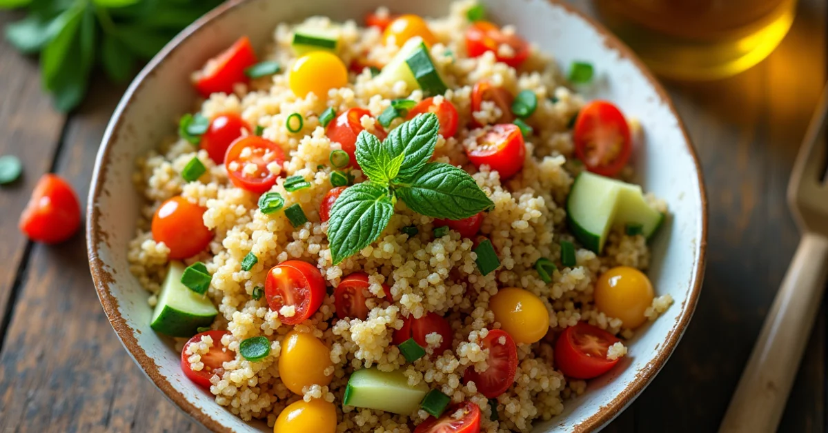 Gesunder Quinoa-Salat mit Tomaten, Gurken und Minzblatt – Einfaches Rezept für leichte Quinoa Rezepte