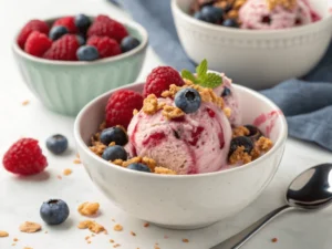 Eine große Schale Joghurt-Beeren-Eis, toppt mit frischen Himbeeren, Blaubeeren und knusprigem Granola