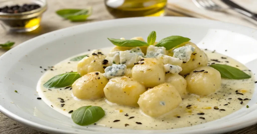 Hausgemachte Gnocchi mit cremiger Gorgonzola-Soße, Salbeiblättern und Parmesan auf einem Teller