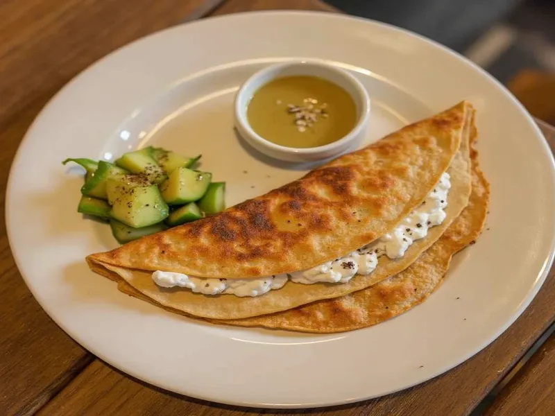 Frisch gebackene Gözleme, dünne türkische Fladen gefüllt mit Spinat und Feta-Käse, serviert in Dreiecken mit Joghurt-Dip und Zitronenspalten, ideal für ein türkisches Frühstück