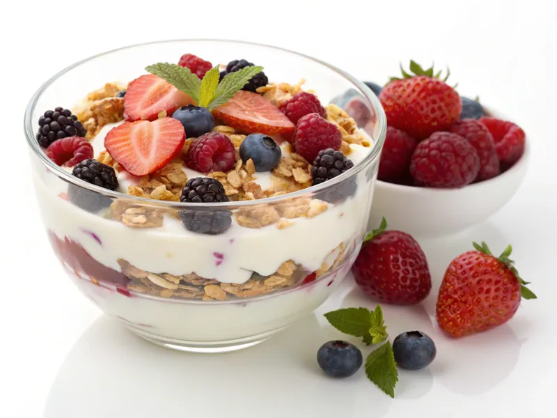 Greek Yogurt Parfait im Glas mit Granola, frischen Beeren und Honig.