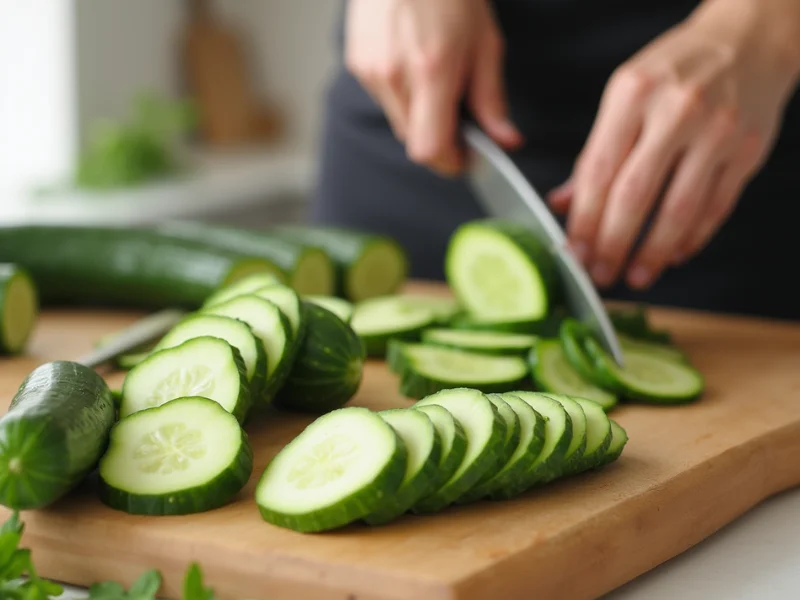 Frische Gurken mit einer Mandoline in dünne Scheiben schneiden für ein gesundes Gurkensalat-Rezept.