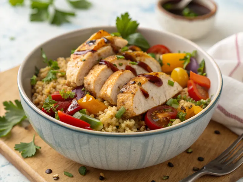 Hähnchen-Quinoa-Bowl mit gegrilltem Hähnchen, Quinoa, Avocado und frischem Gemüse