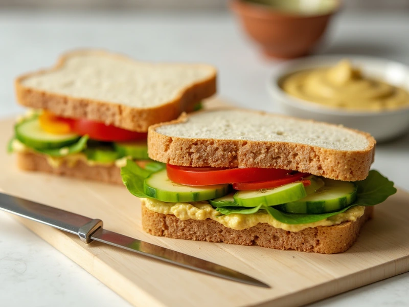 Schnelles veganes Gericht: Vollkorn-Sandwich mit Hummus, frischem Gemüse und Salat.