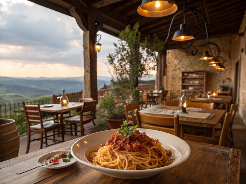 Ein gemütliches italienisches Restaurant mit Holzdekoration, Hängepflanzen und Blick auf die italienische Landschaft bei Sonnenuntergang