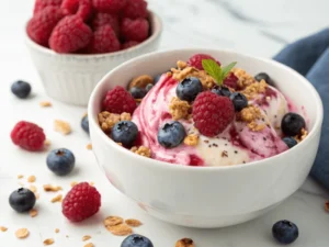 oghurt-Beeren-Eis mit frischen Himbeeren, Blaubeeren und einem Topping aus knusprigem Granola, zubereitet mit der Ninja Creami Deluxe.