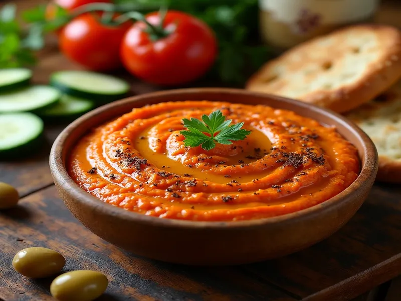 Ein Schüssel mit Kahvaltılık Ezme, einem würzigen Tomaten-Dip mit Paprika, Tomaten und Petersilie, garniert mit Olivenöl und Chili, serviert mit Simit, Gurken und Oliven als Teil eines türkischen Frühstücks