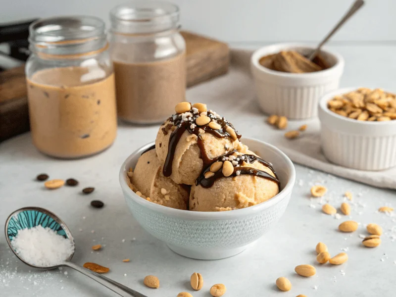 Keto-Erdnussbutter-Eis, dekoriert mit gehackten Erdnüssen und zuckerfreier Schokoladensauce – ein Low-Carb Rezept Ninja Creami.