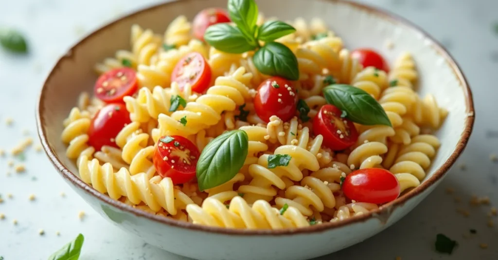 Schüssel mit klassischem Nudelsalat Rezept aus Fusilli-Nudeln, frischen Kirschtomaten und Basilikum, perfekt für Sommerfeste oder Grillabende