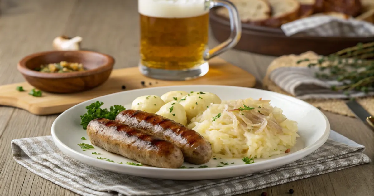 Ein Teller mit köstlicher Bratwurst, Sauerkraut und Kartoffelpüree auf einem rustikalen Holztisch